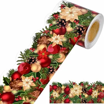 Produktbild von 18 m Selbstklebende Weihnachts Randaufkleber Rolle,Weihnachts Party Deko,Wellenförmige Poinsettia‑Motiv Dekostreifen, Zuschneiden,für Pinnwand,Fenster