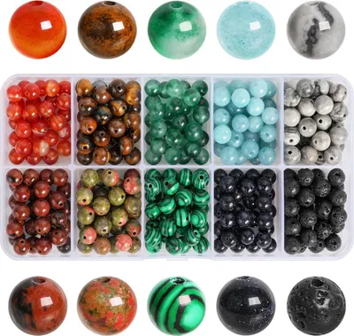 Image de Perles de pierres précieuses 6mm 300 pièces Perles de bricolage Pierres naturelles 10 couleurs
