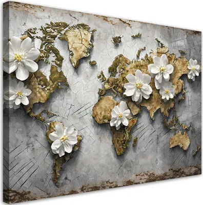 Immagine prodotto di Tela 3D mappa del mondo texture fiori 60x40 Feeby Bianco quadro per parete pronto da appendere