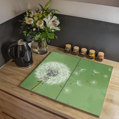 Produktbild von banjado Herdabdeckplatte zweiteilig je 30x52cm groß mit Gummi Abstandshalter, ESG Sicherheitsglas mit Motiv Pusteblume 3 [HAP2 10804]