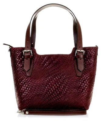 Produktbild von Bolso Tote De Mujer Piel Auténtica, Grabado Trenzado Geométrico Lacado Umhängetasche, 37 cm, Rot (Granate Oscuro)
