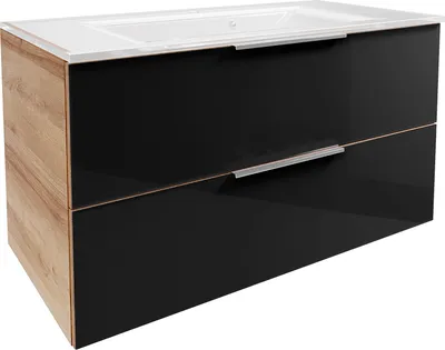 Produktbild von B.Brillant Waschbeckenunterschrank  inklusive weißem Waschbecken aus Glas  Hängend und Front aus lackiertem Glas  Badschrank in Anthrazit & Eiche (100 x 56 x 50 cm)