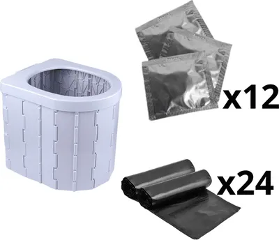Obrázok produktu pre Prenosná plastová kempingová toaleta, skladacia toaleta pre karavany + 12 vreciek s neutralizátorom zápachu + 24 vložiek do koša - POTTYPACK