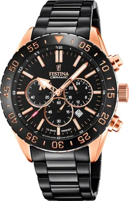 A close-up studio shot of a black and rose gold Festina ceramic chronograph watch.