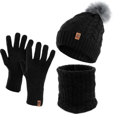 Produktbild von Damen Wintermütze Schlauchschal Handschuhe 3 teiliges Set | Warme Winter Mütze Schal Winterhandschuhe Beanie gefüttert schwarz