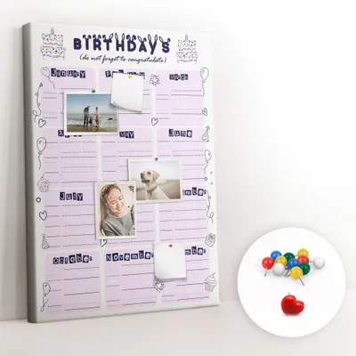 Obrázok produktu pre Korková tabuľa Tabuľa na poznámky Tabuľa na špendlíky - učebná pomôcka 70x100 cm - 100ks farebných kolíkov - Plánovač narodenín