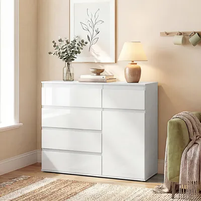 Produktbild von Sideboard Weiß Hochglanz, Kommode mit 5 Schubladen, Soft-Close-Tür, Anrichte MDF Spanplatte | 100 x 40 x 80 cm | 18,8 kg