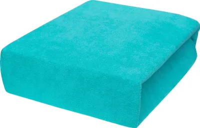 A folded turquoise fitted sheet is shown on a white background.