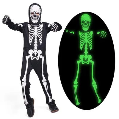 Image de Costume de squelette pour enfants, phosphorescent. Costumes d'Halloween sur le thème du squelette pour garçons et filles, de 12 à 13 ans. Squelette phosphorescent blanc