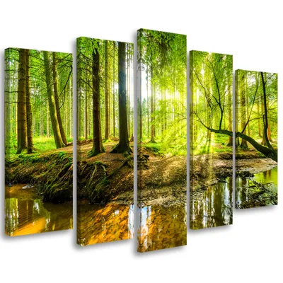 Produktbild von 5-teiliges leinwandbild waldsee natur 100x70 cm Feeby grün wandbild bereit zum aufhängen