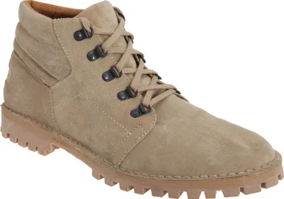 A single beige suede boot with laces and a thick sole, shown from the side against a white background.