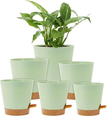 Image de lot de 6 pots de fleurs auto-irrigants pour intérieur et balcon, vert, 12,7-20,3cm