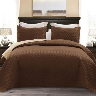 Produktbild von 3-teilige Bettüberwurf Set 220x240 cm mit 2 Kissenbezügen - Wendbares Mikrofaser - Braun