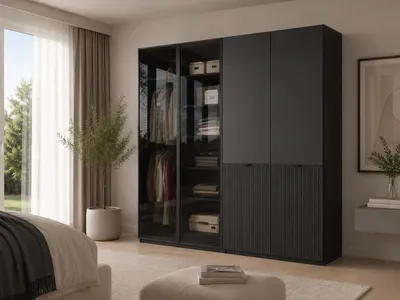 Produktbild von MOEBLO Drehtürenschrank Minewra Antisol + Nova 200 cm, Falttürenschrank 4-türig, Schrank mit Einlegeböden und Kleiderstange, Schlafzimmer - Schwarz