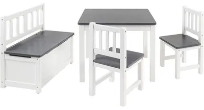 Productafbeelding van Bomi Anna Kindertafel met Stoeltjes en Opbergbank Grijs Wit - Bank met Opbergruimte - Soft-Close Deksel - Massief Grenenhout- Speeltafel - 3 t/m 6 Jaar