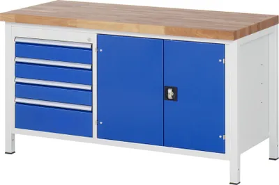 Produktbild von Werkbank mit Schrank - 4 Schubladen - Teilauszug - 120:3 / 180:1 - 840 x 1.500 x 700 mm (HxBxT) - Traglast 1.250 kg - Buche