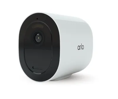 A white Arlo Go 2 WLAN outdoor security camera is shown against a white background.