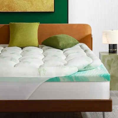 Obrázok produktu pre NicePlus, vrchná matrace 2 v 1, 90x200x10 cm, 5-zónová pamäťová pena + vrchná vrstva z bambusu, s rohovými gumičkami pre všetky typy matrací, tvrdosť H2/H3, zelená