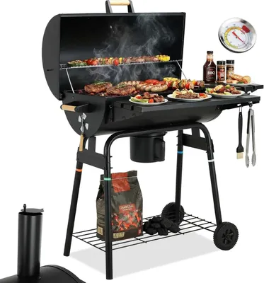Image de Barbecue au charbon de bois de 200 kg - Barbecue-fumoir 2-en-1 XXL - Grande surface de cuisson - Chariot à roulettes - Acier émaillé - Tablette latérale à l'avant - Noir