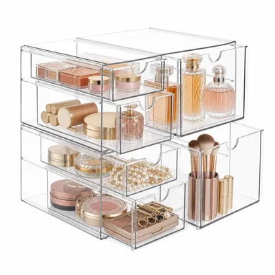 Produktbild von Acryl Kosmetik Organizer,Stapelbare Schubladenbox 6 Schubladen Transparente Aufbewahrungsbox Schubladen Organizer für Schminktisch und Badezimmer