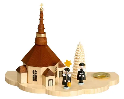 Produktbild von Kerzenhalter Lichthalter mit Seiffener Kirche und Kurrende natur Höhe ca 13cm NEU