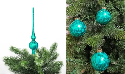 Produktbild von Thüringer Glas Eislack Christbaumspitze + 12x Christbaumkugeln 6cm Spitze Kugel Petrol