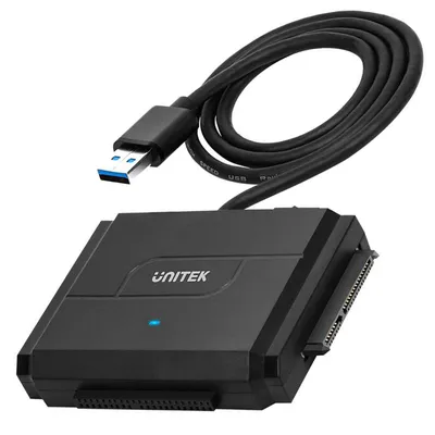 A black UNITEK storage drive docking station with a USB 3.0 cable attached, shown on a white background.