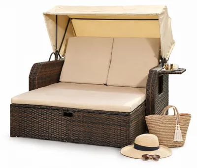 Produktbild von Strandkorb Sonnenbett Polyrattan Braun mit Dach & Kissen