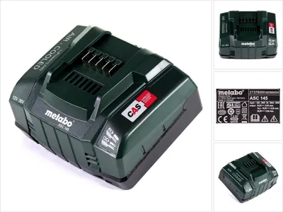 A collage of images showing a Metabo battery charger from different angles, including a close-up of the product and a label with product information.