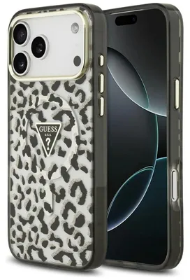 Obrázok produktu pre Kryt Guess IML s leopardím vzorom a trblietkami, s trojuhlovým logom, kompatibilný s MagSafe, pre iPhone 18 Pro Max / 17 Pro Max, čierny