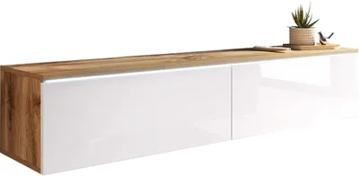 A modern TV cabinet with a wood-effect left side and white high-gloss fronts, displayed against a white background.