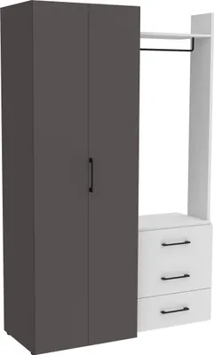 Produktbild von Garderobe CANBERRA in Wolfram Grau, Weiß und Schwarz mit 2 Türen, 1 Kleiderstange, 2 Böden, 3 Schubkästen und 1 Hutablage