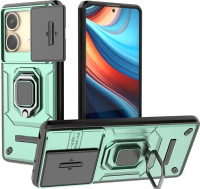 Immagine prodotto di Custodia per Xiaomi Redmi Note 13R Pro 5G a doppio strato con protezione scorrevole della fotocamera e supporto ad anello, verde stand