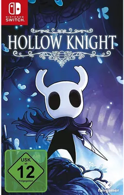 The image shows the cover art for the Nintendo Switch game Hollow Knight, featuring the main character and game title.