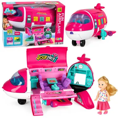 Image de Avion passager pliable pour poupées (2 en 1) – Rose, avec accessoires inclus