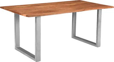 A wooden dining table with a U-shaped metal frame, shown against a white background.