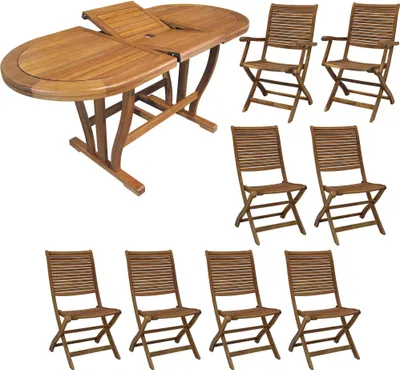 Immagine prodotto di Milani Home - Set Tavolo Giardino Allungabile Ovale 180/240x100 Con 6 Sedie E 2 Poltrone In Legno Di Acacia Massiccio Per Esterno - Marrone