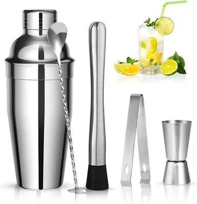 Imagen del producto de Conjunto de coctelería premium Unyqoos® – Batidora de acero inoxidable de 750 ml con vaso medidor, plantilla de doble cara, mortero y cuchara de bar, set de accesorios para bar, ideal para regalo