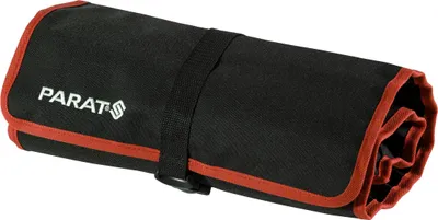A rolled-up tool bag with red trim and a black strap.