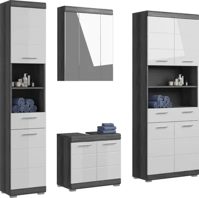 Produktbild von Badmöbel Set 4-teilig "Shawn" weiß Hochglanz und grau, mit 4-türigem Hochschrank