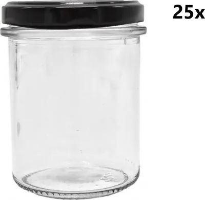 A clear glass jar with a black lid, presented on a white background.