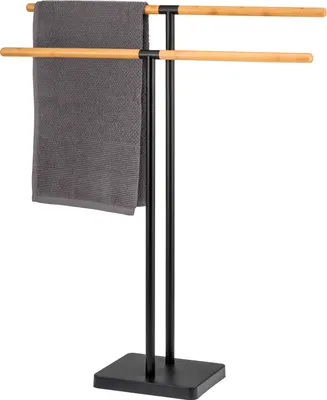 Produktbild von eluno Stand-Handtuchhalter freistehend, 2 Stangen, Handtuchständer, Bambus/Metall, schwarz