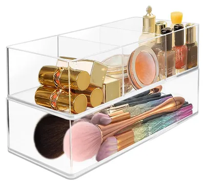 Produktbild von Set aus 2 Kosmetik-Organizern, Make-up-Organizer mit 3 Fächern für den Schminktisch im Schlafzimmer, transparente, stapelbare Aufbewahrung für Nagellack, Accessoires und Schmuck.