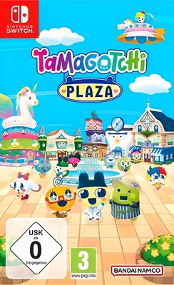 A colorful illustration of a town square with various Tamagotchi characters and buildings, promoting the game 'Tamagotchi Plaza' for Nintendo Switch.