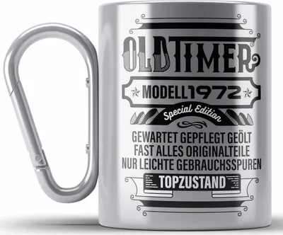 Produktbild von TRENDATION 50. Geburtstag Edelstahl Tasse Karabiner Frau Mann Geschenk 50er Geschenkidee 50 Mutter Vater (Silber)