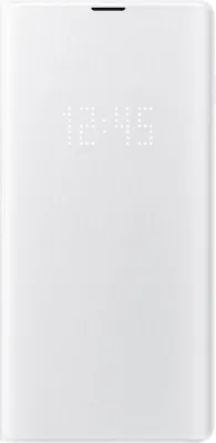 A white book-style phone case with a digital clock displayed on the front.