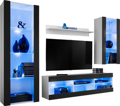 Produktbild von Komodee | Wohnwand mit TV-Schrank und Vitrine Tivoli Set Medio, Korpus Weiß Matt Frontfarbe Schwarz Matt, LED Blau