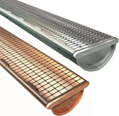 Two gutter guards, one silver and one copper, are shown in a studio shot against a white background.