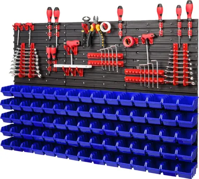 Produktbild von Lagersystem Wandregal Xxl 1158 X 780 Mm - Extra Starke Werkzeugwand Mit Stapelboxen 111 Tlg. - Rot Werkzeughalter + Blau Boxen