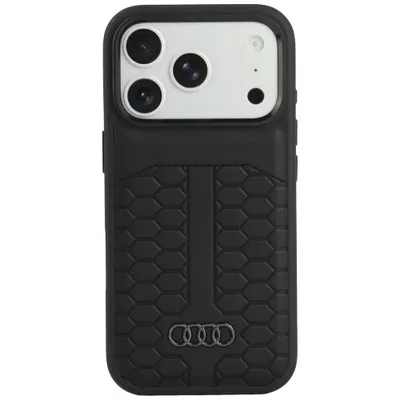 Obrázok produktu pre Puzdro Audi pre iPhone 18 Pro, s technológiou MagSafe, z prírodnej kože, čierna farba, s logom Audi z kovu